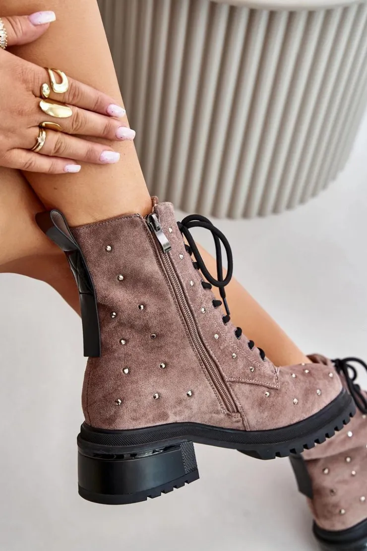 Damskie buty S.Barski Botki Ocieplane|Czarne Botki*Zdobione Botki Workery Damskie Ocieplane D&A MR880-017 Taupe Beżowy