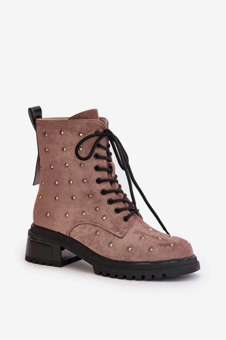 Damskie buty S.Barski Botki Ocieplane|Czarne Botki*Zdobione Botki Workery Damskie Ocieplane D&A MR880-017 Taupe Beżowy