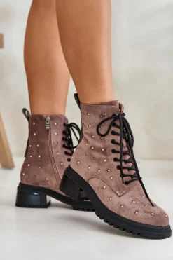 Damskie buty S.Barski Botki Ocieplane|Czarne Botki*Zdobione Botki Workery Damskie Ocieplane D&A MR880-017 Taupe Beżowy