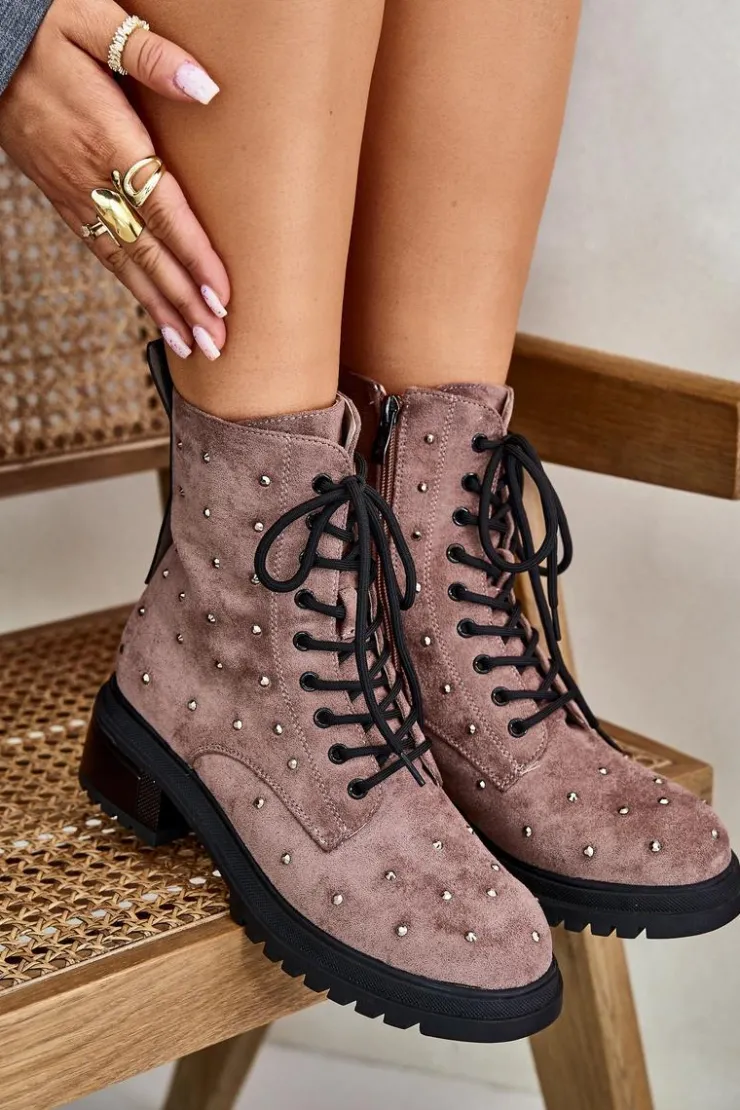 Damskie buty S.Barski Botki Ocieplane|Czarne Botki*Zdobione Botki Workery Damskie Ocieplane D&A MR880-017 Taupe Beżowy