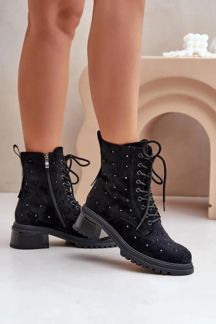 Hot Damskie buty S.Barski Zdobione Botki Workery Damskie Ocieplane D&A MR880-017 Czarne Czarny