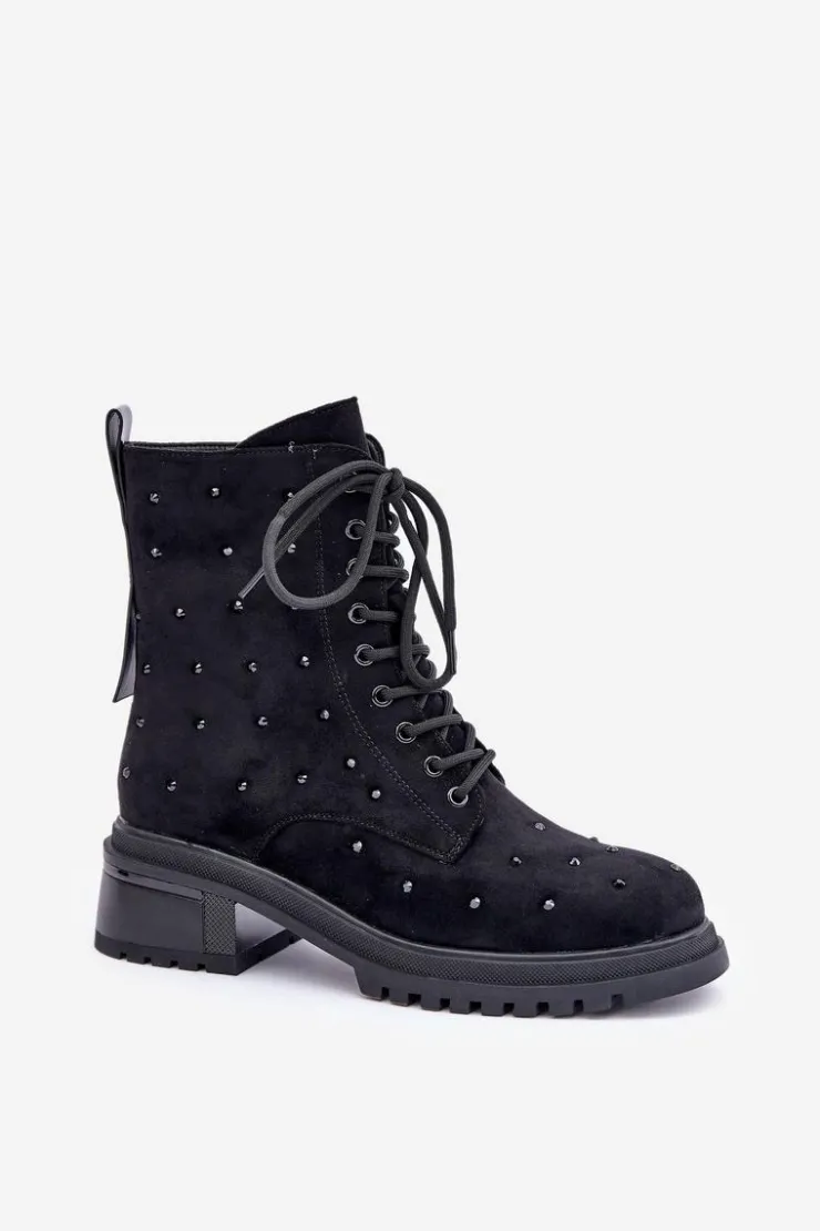 Hot Damskie buty S.Barski Zdobione Botki Workery Damskie Ocieplane D&A MR880-017 Czarne Czarny