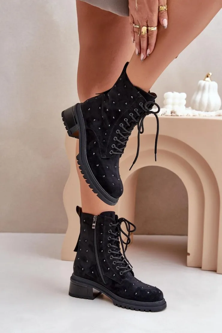 Hot Damskie buty S.Barski Zdobione Botki Workery Damskie Ocieplane D&A MR880-017 Czarne Czarny