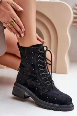 Hot Damskie buty S.Barski Zdobione Botki Workery Damskie Ocieplane D&A MR880-017 Czarne Czarny