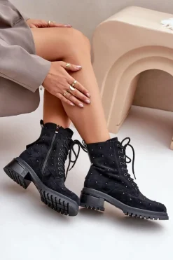 Hot Damskie buty S.Barski Zdobione Botki Workery Damskie Ocieplane D&A MR880-017 Czarne Czarny