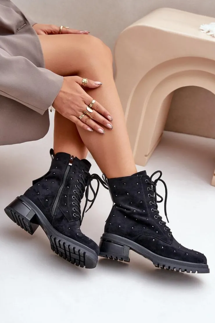 Hot Damskie buty S.Barski Zdobione Botki Workery Damskie Ocieplane D&A MR880-017 Czarne Czarny