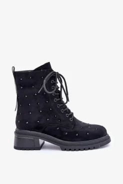 Hot Damskie buty S.Barski Zdobione Botki Workery Damskie Ocieplane D&A MR880-017 Czarne Czarny