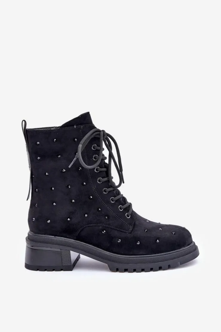 Hot Damskie buty S.Barski Zdobione Botki Workery Damskie Ocieplane D&A MR880-017 Czarne Czarny