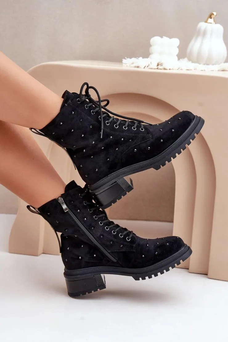 Hot Damskie buty S.Barski Zdobione Botki Workery Damskie Ocieplane D&A MR880-017 Czarne Czarny