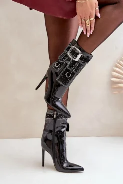 Online Boto Zdobione Botki Z Lakierowanej Eko Skóry Na Szpilce Czarne Senorith