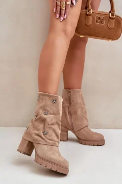 Boto Botki Ocieplane|Botki Na Słupku*Zdobione Botki Z Wywiniętą Cholewką Na Słupku Beżowe Esadora Beżowy