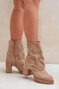 Boto Botki Ocieplane|Botki Na Słupku*Zdobione Botki Z Wywiniętą Cholewką Na Słupku Beżowe Esadora Beżowy