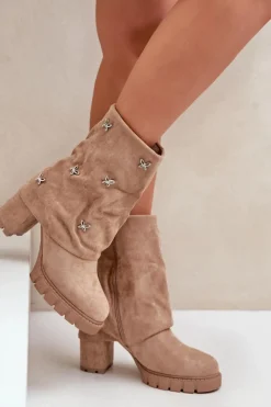 Boto Botki Ocieplane|Botki Na Słupku*Zdobione Botki Z Wywiniętą Cholewką Na Słupku Beżowe Esadora Beżowy