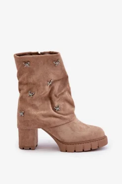 Boto Botki Ocieplane|Botki Na Słupku*Zdobione Botki Z Wywiniętą Cholewką Na Słupku Beżowe Esadora Beżowy