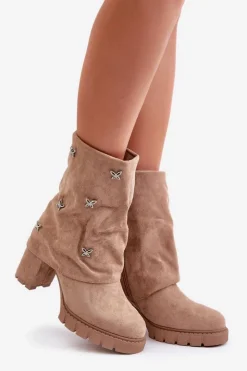 Boto Botki Ocieplane|Botki Na Słupku*Zdobione Botki Z Wywiniętą Cholewką Na Słupku Beżowe Esadora Beżowy