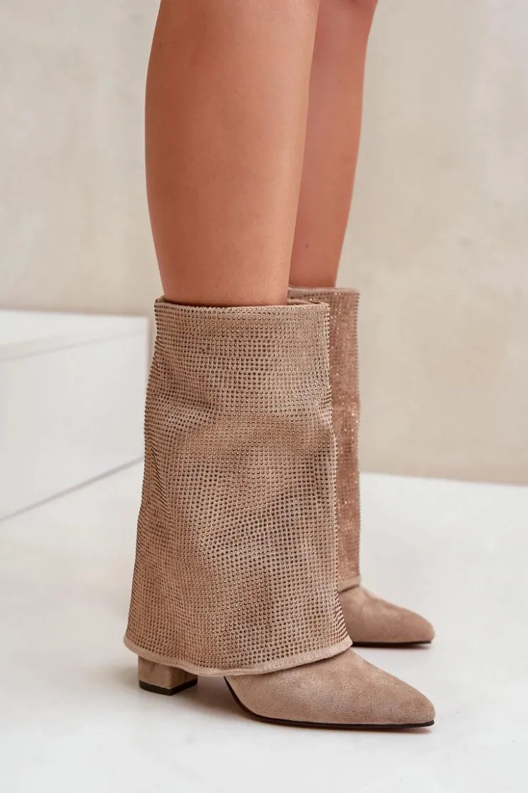Boto Botki Ocieplane|Botki Na Obcasie*Zdobione Błyszczące Botki Z Wywiniętą Cholewką Na Słupku Ocieplane Beżowe Xistaria Beżowy