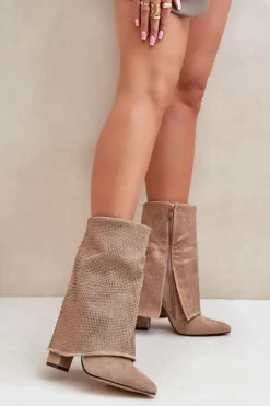 Boto Botki Ocieplane|Botki Na Obcasie*Zdobione Błyszczące Botki Z Wywiniętą Cholewką Na Słupku Ocieplane Beżowe Xistaria Beżowy