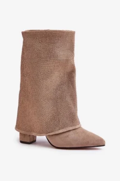 Boto Botki Ocieplane|Botki Na Obcasie*Zdobione Błyszczące Botki Z Wywiniętą Cholewką Na Słupku Ocieplane Beżowe Xistaria Beżowy