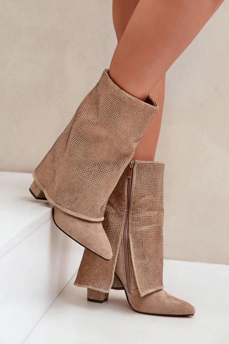 Boto Botki Ocieplane|Botki Na Obcasie*Zdobione Błyszczące Botki Z Wywiniętą Cholewką Na Słupku Ocieplane Beżowe Xistaria Beżowy
