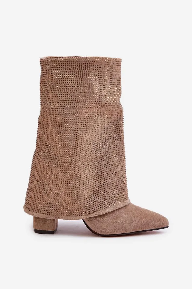 Boto Botki Ocieplane|Botki Na Obcasie*Zdobione Błyszczące Botki Z Wywiniętą Cholewką Na Słupku Ocieplane Beżowe Xistaria Beżowy