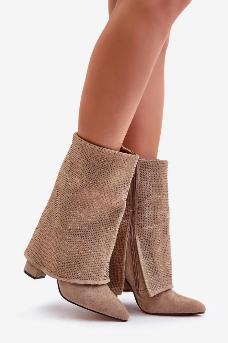 Boto Botki Ocieplane|Botki Na Obcasie*Zdobione Błyszczące Botki Z Wywiniętą Cholewką Na Słupku Ocieplane Beżowe Xistaria Beżowy