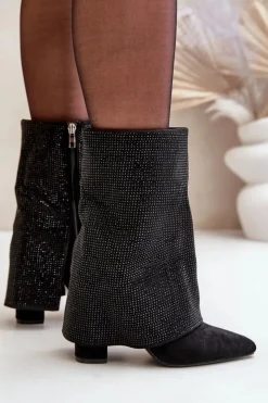 Damskie Boto Zdobione Błyszczące Botki Z Wywiniętą Cholewką Na Słupku Ocieplane Czarne Xistaria