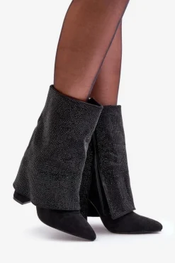 Damskie Boto Zdobione Błyszczące Botki Z Wywiniętą Cholewką Na Słupku Ocieplane Czarne Xistaria