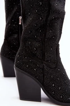 Damskie Boto Zdobione Dżetami Kozaki Kowbojki Damskie Przed Kolano Czarne Poelstra