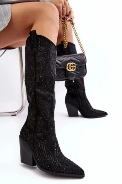 Damskie Boto Zdobione Dżetami Kozaki Kowbojki Damskie Przed Kolano Czarne Poelstra