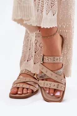 Clearance Boto Zdobione Klapki Damskie Na Płaskim Obcasie Z Paskami I Klamrą Beżowe Manitte Beżowy