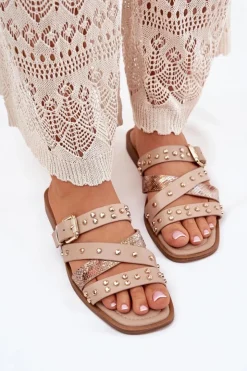 Clearance Boto Zdobione Klapki Damskie Na Płaskim Obcasie Z Paskami I Klamrą Beżowe Manitte Beżowy