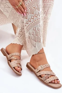 Clearance Boto Zdobione Klapki Damskie Na Płaskim Obcasie Z Paskami I Klamrą Beżowe Manitte Beżowy