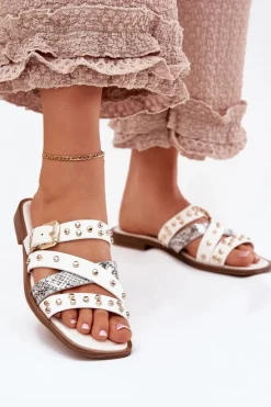 Boto Klapki Damskie Klasyczne*Zdobione Klapki Damskie Na Płaskim Obcasie Z Paskami I Klamrą Białe Manitte Biały