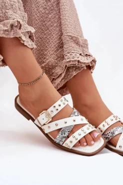 Boto Klapki Damskie Klasyczne*Zdobione Klapki Damskie Na Płaskim Obcasie Z Paskami I Klamrą Białe Manitte Biały