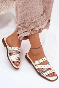 Boto Klapki Damskie Klasyczne*Zdobione Klapki Damskie Na Płaskim Obcasie Z Paskami I Klamrą Białe Manitte Biały