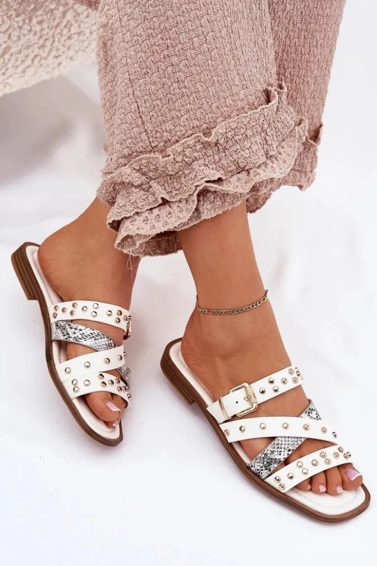 Boto Klapki Damskie Klasyczne*Zdobione Klapki Damskie Na Płaskim Obcasie Z Paskami I Klamrą Białe Manitte Biały