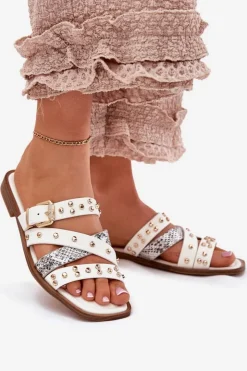 Boto Klapki Damskie Klasyczne*Zdobione Klapki Damskie Na Płaskim Obcasie Z Paskami I Klamrą Białe Manitte Biały