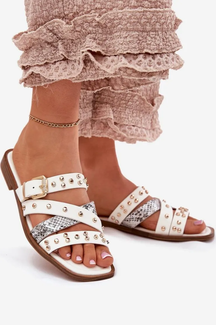 Boto Klapki Damskie Klasyczne*Zdobione Klapki Damskie Na Płaskim Obcasie Z Paskami I Klamrą Białe Manitte Biały