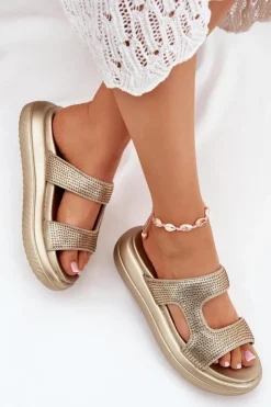Boto Klapki Damskie Klasyczne*Zdobione Klapki Damskie Na Platformie Złote Jestella Złoty