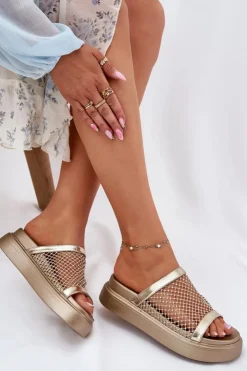 Damskie buty S.Barski Klapki Na Platformie|Klapki Damskie Klasyczne*Zdobione Klapki Damskie Na Platformie Z Siateczką S.Barski MY51-016 Złote