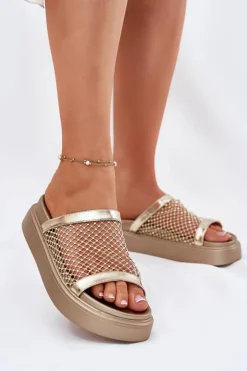 Damskie buty S.Barski Klapki Na Platformie|Klapki Damskie Klasyczne*Zdobione Klapki Damskie Na Platformie Z Siateczką S.Barski MY51-016 Złote