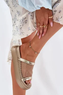 Damskie buty S.Barski Klapki Na Platformie|Klapki Damskie Klasyczne*Zdobione Klapki Damskie Na Platformie Z Siateczką S.Barski MY51-016 Złote