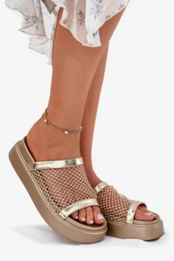 Damskie buty S.Barski Klapki Na Platformie|Klapki Damskie Klasyczne*Zdobione Klapki Damskie Na Platformie Z Siateczką S.Barski MY51-016 Złote