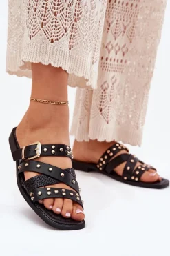 Damskie Boto Zdobione Klapki Damskie Na Płaskim Obcasie Z Paskami I Klamrą Czarne Manitte