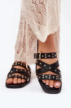 Damskie Boto Zdobione Klapki Damskie Na Płaskim Obcasie Z Paskami I Klamrą Czarne Manitte