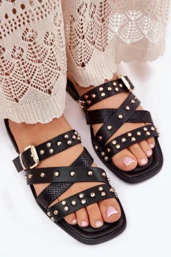 Damskie Boto Zdobione Klapki Damskie Na Płaskim Obcasie Z Paskami I Klamrą Czarne Manitte