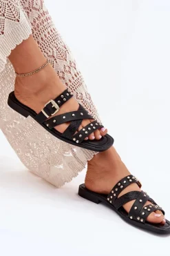 Damskie Boto Zdobione Klapki Damskie Na Płaskim Obcasie Z Paskami I Klamrą Czarne Manitte