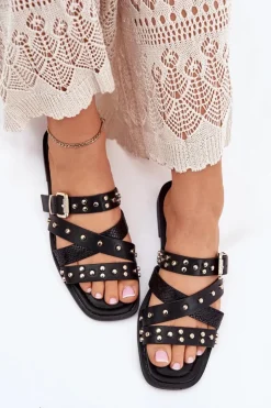 Damskie Boto Zdobione Klapki Damskie Na Płaskim Obcasie Z Paskami I Klamrą Czarne Manitte