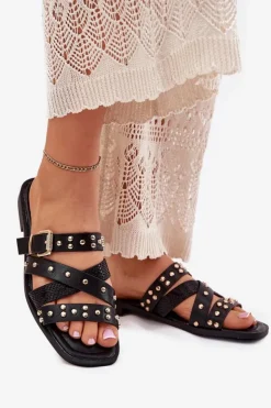 Damskie Boto Zdobione Klapki Damskie Na Płaskim Obcasie Z Paskami I Klamrą Czarne Manitte