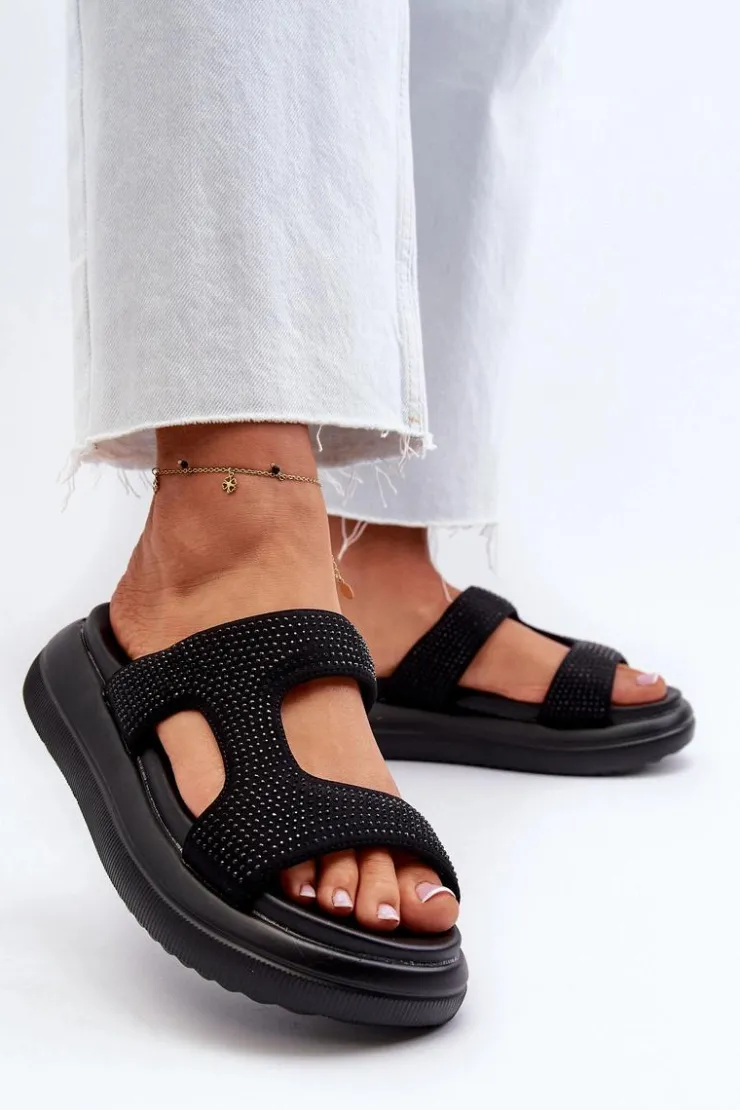 Boto Klapki Damskie Klasyczne*Zdobione Klapki Damskie Na Platformie Czarne Jestella Czarny